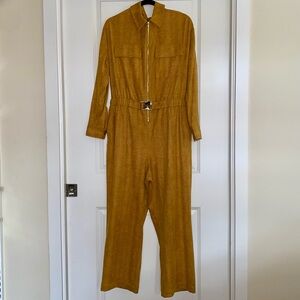 Mustard Yellow Snakeskin Faux Suede Jumpsuit with Gold Buckle, Size XL